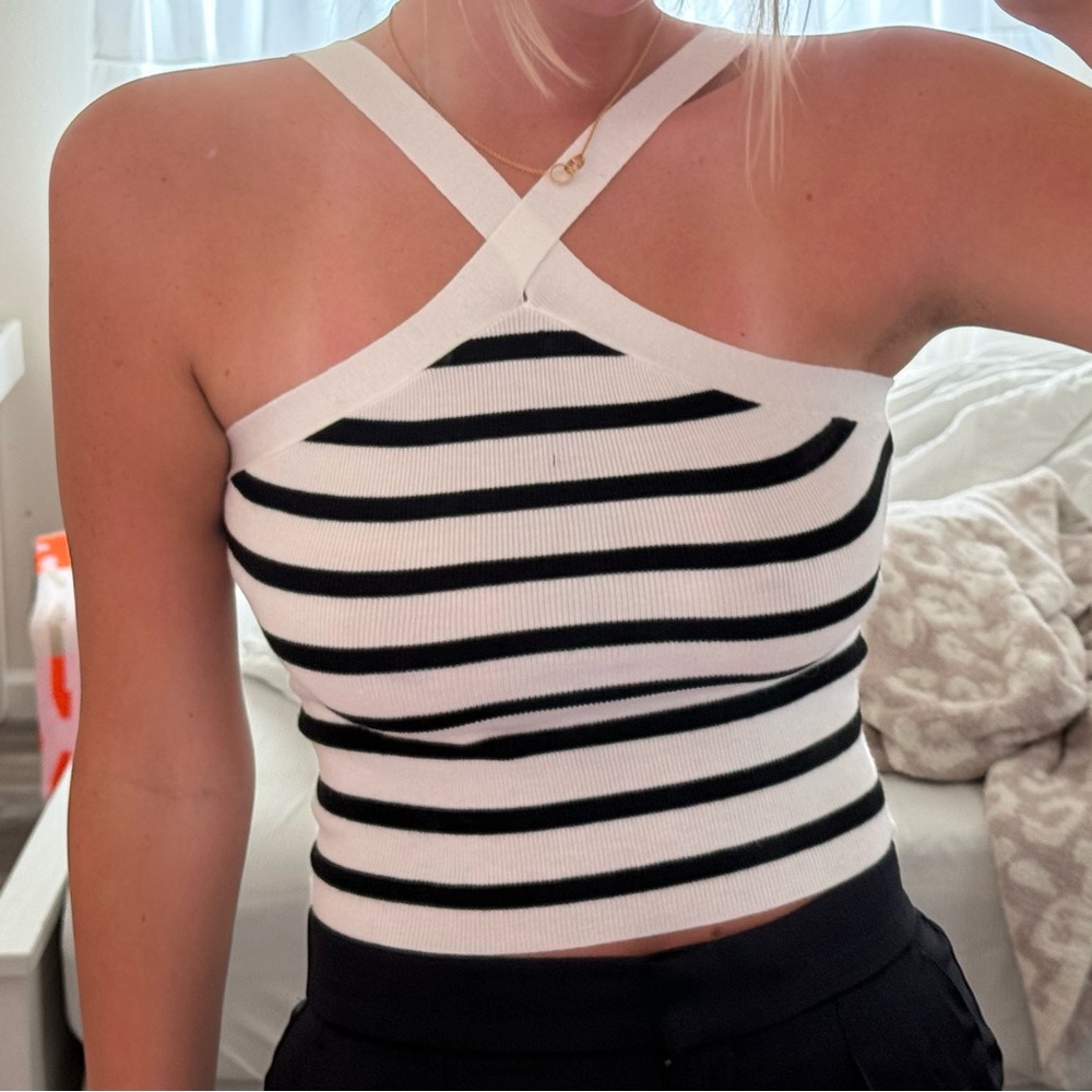 Black and white stripe cross halter tank top